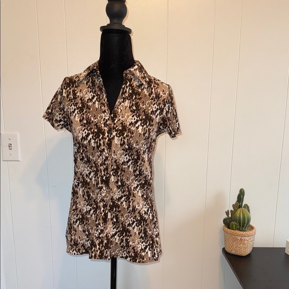 Y2K Animal Print Fitted Work Office Blouse Brown Button Stretch Top S